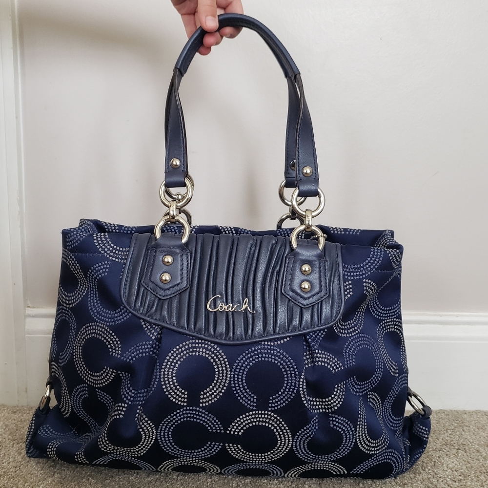 COACH Ashley Dotted Op Art Signature Satchel Navy and Silver
